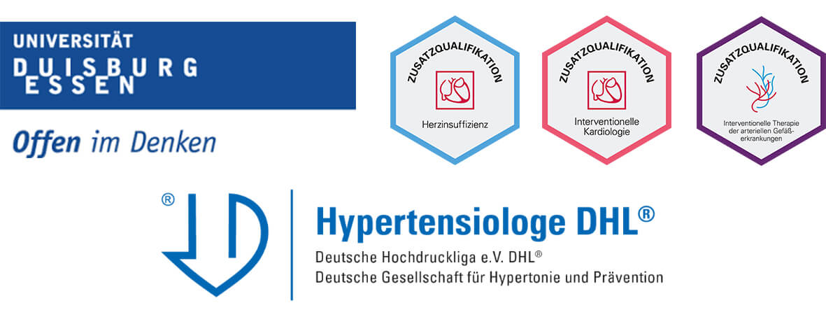 Siegel Uni Duisburg Essen Hypertensiologe DHL: Deutsche Hochdruckliga e.V. DHL. Deut. Gesellschaft für Hypertonie und Prävention. Zusatzqualifikation: Herzinsuffizienz, Interventionelle Kardiologie, Interventionelle Therapie d. arteriellen Gefäßerkranngen